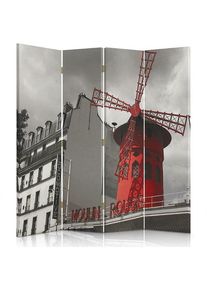 FEEBY - Paravent Moulin Rouge Design Parisien en 4 Volets - 145 x 150 cm - 1 face déco, 1 face noir - Rouge