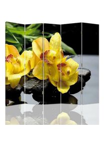 FEEBY Paravent 5 volets motif floral orchidée élégant et moderne - 180 x 180 cm - 2 faces R° V° - Jaune