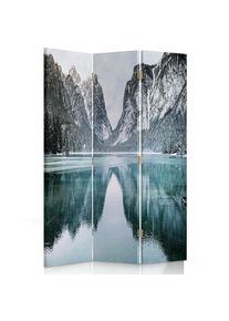 FEEBY - Paravent Design Montagnes et Réflexion Lac en 3 Volets - 110 x 150 cm - 1 face déco, 1 face noir - Gris