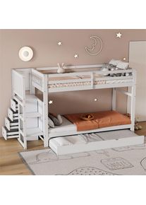 Lit superposé gigogne 2x90x200cm+90x190cm, lit d'enfant avec escalier et 4 tiroirs, balustrade stable, blanc