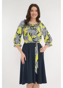 Rochie eleganta bleumarin-galben cu imprimeu floral