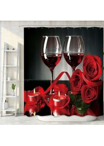 Rideau de douche de vin de rose rouge pour décor de salle de bain , Valentines Romantique Floral Blooming Flower Lovers Couple Bougies Panneau Tissu