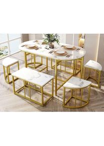 Modernluxe - Ensemble table et 6 chaises - 4 petits tabourets + 2 bancs - doré