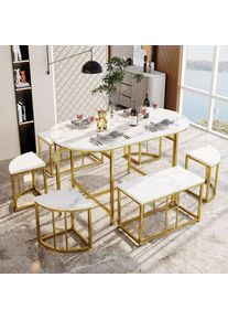 Okwish - Ensemble Table de salle à manger, table et chaises en mdf blanc et cadre en fer, 1tables et 6chaises de luxe contemporaines, doré 140cm Or b