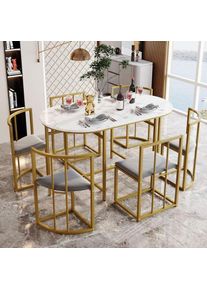 Ensemble table et chaises + 6 chaises de salle à manger, plateau motif marbre blanc, revêtement velours, structure métal doré - Doré - Doré