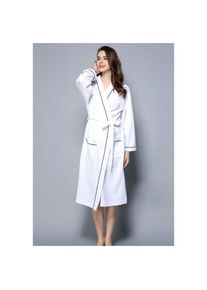 Peignoir Femme Coton Gaufré Léger Robe de Chambre Unisexe Spa Sauna Peignoir de Bain Eponge - Blanc l