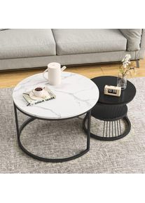 Lot de 2 table basse gigogne, grand plateau motif en marbre+petie plateau noir, table ronde, D70x45.5+D45x40cm, Blanc/Noir