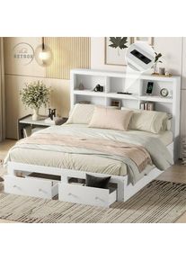 Lit adulte 160x200cm en bois mdf - lit double à plateau kingsize avec deux tiroirs au pied du lit, tête de lit avec espace de rangement - blanc