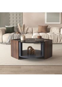 Table basse avec rangement, aspect marbre + couleur noyer, table de salon campagne moderne, 96 x 63 x 40 cm
