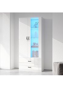 Dolinhome - Vitrine, 2 portes, 2 tiroirs, avec portes vitrées, éclairage led, blanc, 59,5x 35x182 cm