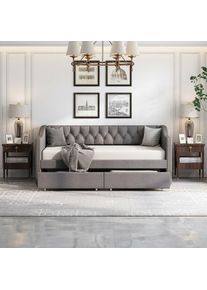 Lit capitonné 90 x 200 cm, canapé-lit avec deux tiroirs amovibles, canapé-lit lin durable gris