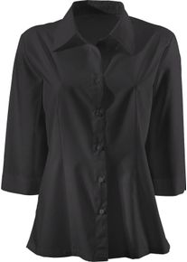 Blouse met 3/4-mouwen, zwart, dames, maat 48, katoen, overhemdkraag, hoekige knopen, zijsplitten