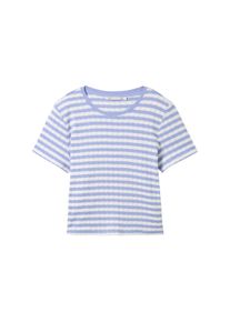 Tom Tailor Denim Damen Gestreiftes T-Shirt mit Pointelle-Struktur, blau, Streifenmuster, Gr. XL, baumwolle
