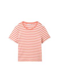 Tom Tailor Denim Damen Gestreiftes T-Shirt mit Pointelle-Struktur, rot, Streifenmuster, Gr. XL, baumwolle