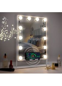 Fenchilin - Miroir de maquillage intelligent Avec Bluetooth et miroir led rechargeable sans fil 12 ampoules led dimmables blanc 30cm x 41cm