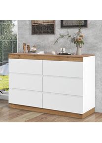 Commode 6 tiroirs Buffet 110 cm en Bois, adaptée pour chambre, salon, bureau, Blanc - Blanc