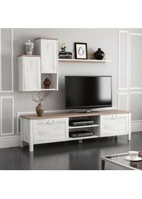 Meuble TV en blanc vintage et chêne 160 cm - Sento