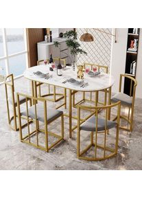 Dans Les Nuages - Ensemble table de salle à manger en imitation marbre ensemble de table de cuisine avec table et 6 chaises à dossier, structure