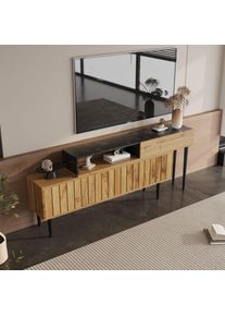 Ohjijinn - Meuble tv moderne avec motif marbre et grain de bois, bord en pvc, pieds en fer, couleur bois foncé, décoration de la maison, gain de