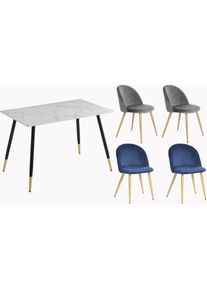 Urban Meuble - Ensemble table et 4 chaises scandinave effet marbre et velours gris/ bleu marine
