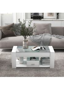 Table basse de salon avec plateau en verre, casiers et rangements, blanc 100 x 50 x 40 cm