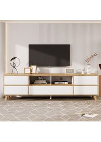 Redom - Meuble tv, lowboard, meuble de salon aux coloris blanc et bois. Compartiments et portes de style maison de campagne naturelle