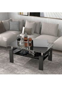 Table basse en verre trempé, table à thé rectangulaire moderne noire avec étagère inférieure et pieds en bois