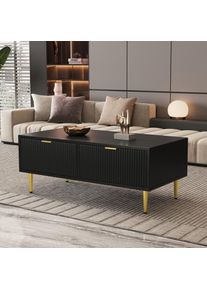 Table basse moderne 100×50×40cm,table basse salon avec 4 pieds dorés,design à rayures verticales,2 tiroirs, Noir