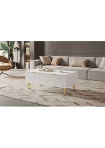 Table basse moderne 100×50×40cm,table basse salon avec 4 pieds dorés,design à rayures verticales,2 tiroirs, Blanc