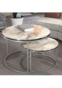[en.casa] - Set de 2 tables d'appoint Skagen rondes gigognes marbre blanc argent