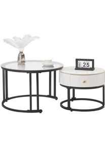 Aufun - Set de tables basses en deux pièces, couleur blanche - Tables nesting, verre, plateau en ardoise de marbre, tiroirs en bois massif, Ronde,