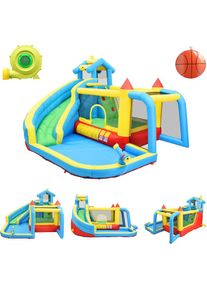 Aire de Jeux multifonctionnel - Château Gonflable avec souffleur、toboggan、piscine、trampoline et filet de football - adapté pour 3 ou 4 enfants - Bleu