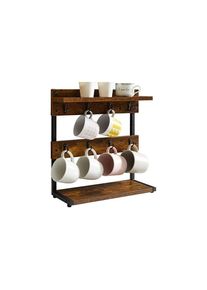 IBUYKE Support rustique pour tasses à café à 2 étages avec base de rangement, porte-tasses vintage pour cuisine, peut contenir 8 tasses, marron