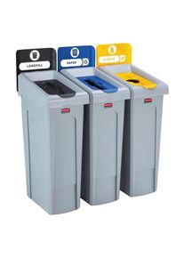 Rubbermaid - Station recyclage 3flux - Décharge (non recyclables) NOIR/Papier BLEU/Déchets recyclables mélangés vert