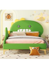 Lit simple 90x200cm, tissu similicuir, avec Tête de lit forme de dinosaure de dessin animé, sommier à lattes, lit enfant capitonné - Vert - Vert