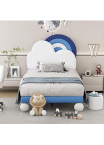 Lit simple 90x200cm, tissu similicuir, avec Ttête de lit en forme de nuage et arc-en-ciel, sommier à lattes, lit enfant capitonné - Bleu - Bleu