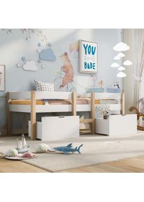 Lits pour enfants 90x200cm,lit en pin massif avec protection antichute et tiroirs,cadre de lit pour enfants avec escalier, Blanc