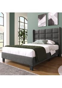 Lit simple 90x200cm, tissu Lin, avec tête de lit rembourrée, sommier à lattes, lit enfant capitonné, style classique - gris - gris