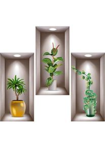 Linghhang - Lot de 3 autocollants muraux 3D en vinyle 3D pour salon, vases, plantes vertes - Pour chambre à coucher, bureau, cuisine - 40 x 20 cm