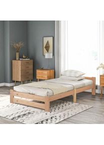 Lit futon en bois massif massif, lit en bois massif naturel avec tête de lit et sommier à lattes, naturel (200x90cm)