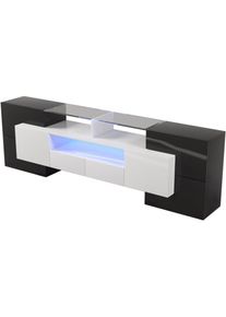 Redom - Meuble tv élégant, panneau bas. Meuble de salon à éclairage led blanc et noir brillant de 200 cm. Design moderne. Surface en verre élégante