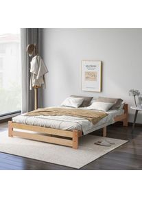 Lit adulte double, lit en bois massif naturel avec tête de lit et sommier à lattes, Naturel (200x140cm)