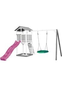 AXI - Beach Tower Aire de Jeux avec Toboggan en Violet, Balançoire Nid d'oiseau Vert & Bac à Sable Grande Maison Enfant extérieur en Gris & Blanc