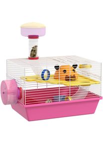 PawHut Cage à hamster rat rongeur - plateforme, biberon eau, roue, maisonnette, tubes - acier blanc pp rose - Rose