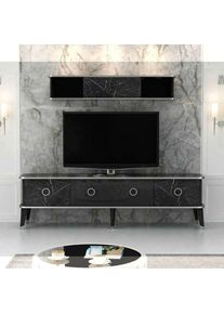 Toscohome - Meuble tv 180 cm avec élément mural effet marbre noir et détails argentés - Bientv 180