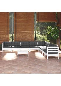 vidaXL Salon de jardin 10 pcs avec coussins blanc bois de pin solide
