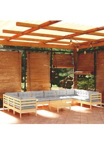 vidaXL Salon de jardin 11 pcs avec coussins gris bois de pin