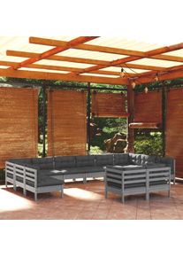 vidaXL Salon de jardin 12 pcs avec coussins Gris Bois de pin massif