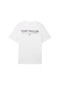 Tom Tailor Herren T-Shirt mit Logo Print, weiß, Uni, Gr. S, baumwolle