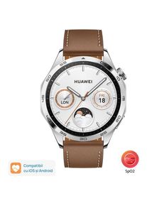 Smartwatch Huawei Watch GT 4 Classic, Ecran 1.43inch, 46mm, Bluetooth, Curea Piele, Waterproof 5 ATM (Argintiu)